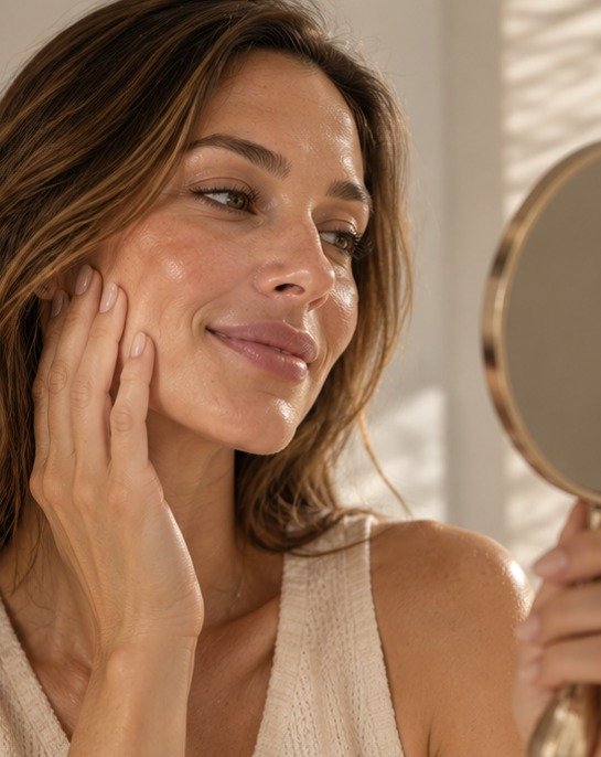 Woman smiling at her natural result in a hand mirror