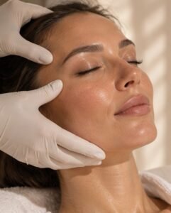 Gloved hands gently resting on a relaxed patient face