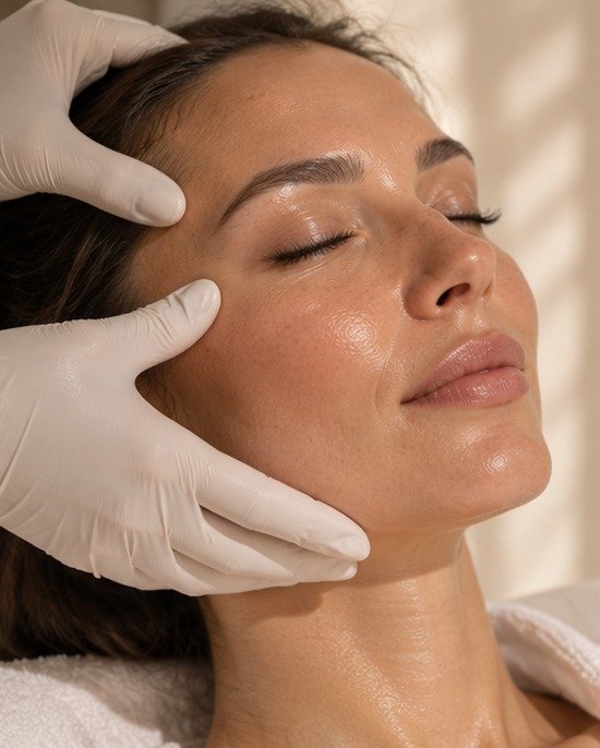 Gloved hands gently resting on a relaxed patient face
