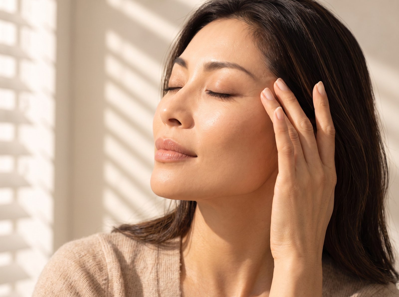 Woman with eyes closed facing the sun, radiant skin