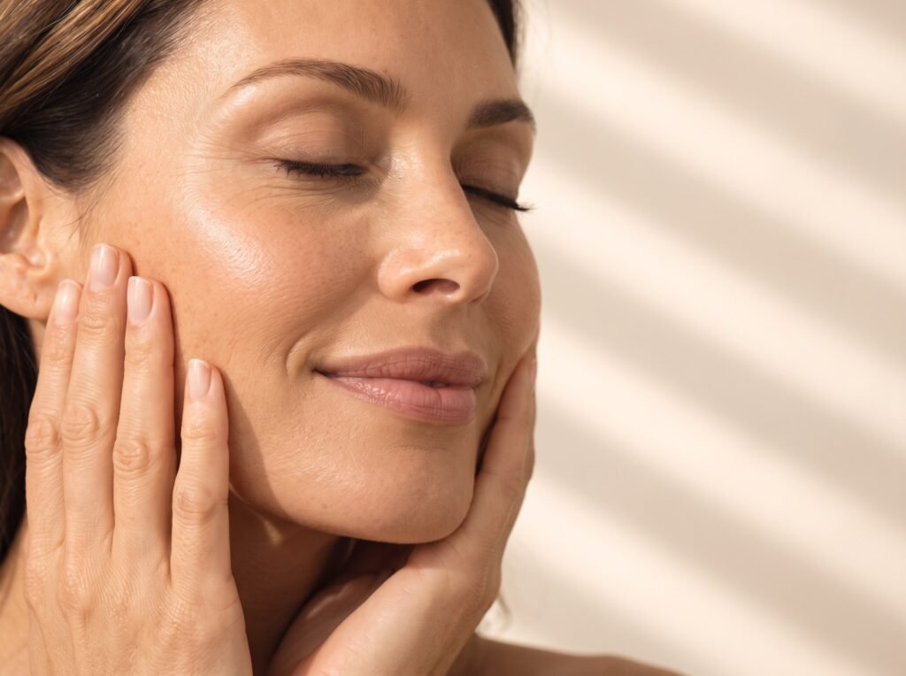 Woman framing her face with her hands, eyes closed, in warm sunlight