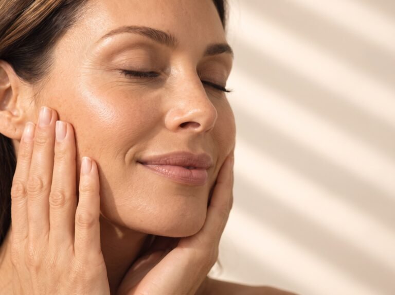 Woman framing her face with her hands, eyes closed, in warm sunlight