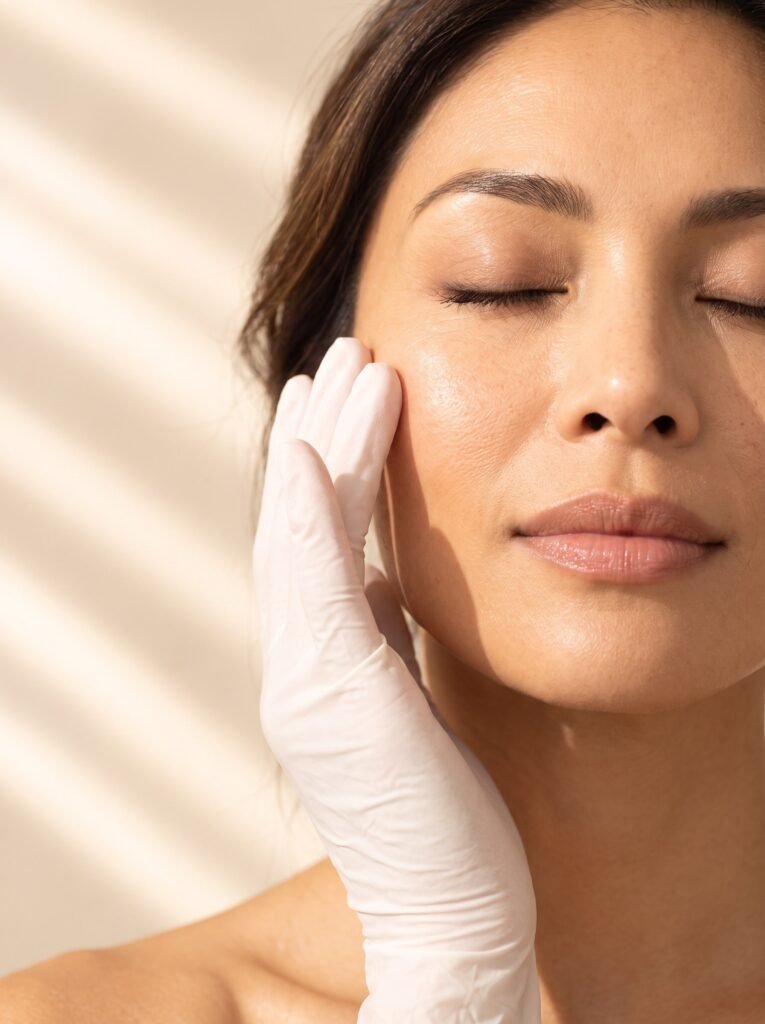 Gloved hand gently resting on a relaxed patient cheek